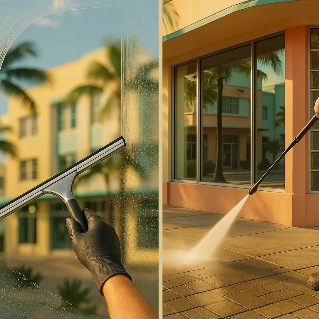 Window Cleaning vs. Pressure Washing: What Miami Businesses Need to Know for Sparkling Storefronts