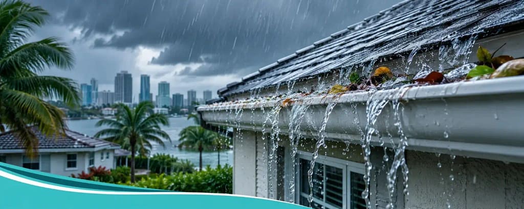 Gutters Overflow during a Rainstorm ona Miami, FL