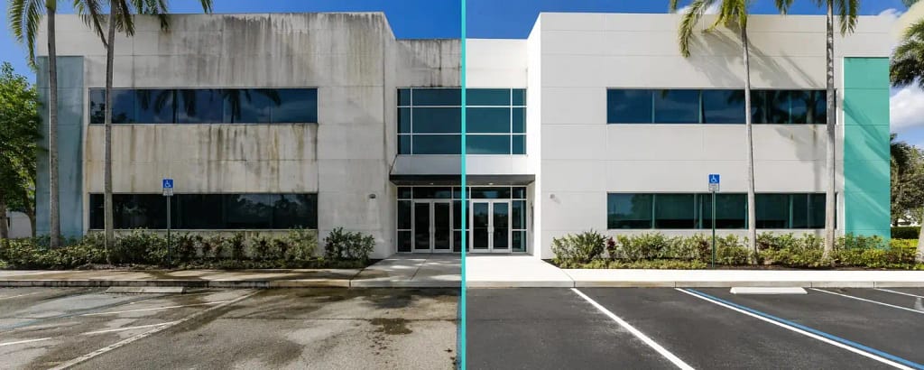 Neglected commercial building exterior versus clean building in Miami FL