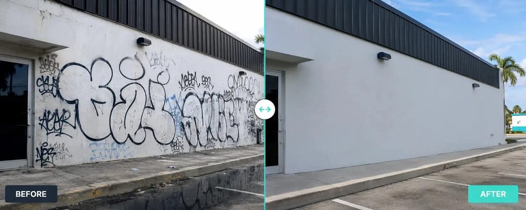 Commercial building wall before and after professional graffiti removal in Miami FL