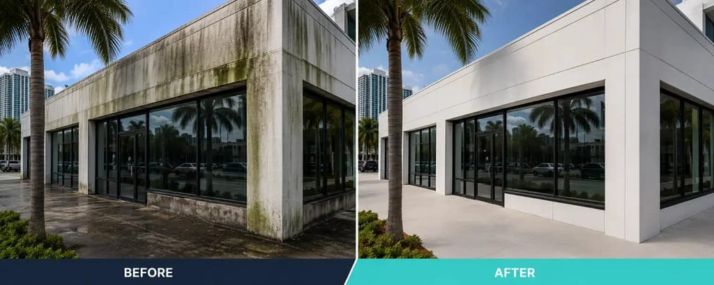 Dirty versus clean commercial storefront exterior in Miami FL