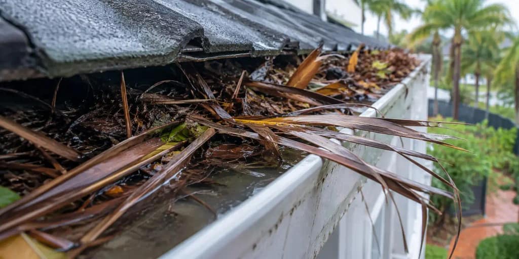 Why Do Gutters Overflow During Miami Rainstorms? Common Causes and Solutions 2 Clogged Gutter with a Palm Frond debris in a Miami FL Home