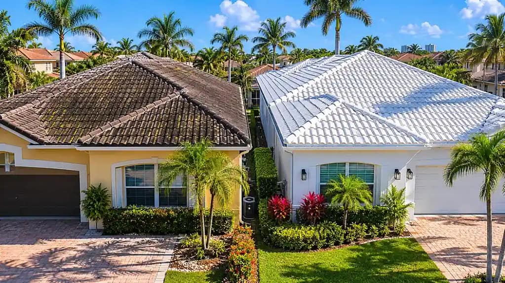 What Is Soft Washing and Why Miami Roofs Need It 4 Two Miami homes showing contrast between algae stained roof and clean roof reflecting sunlight in South Florida