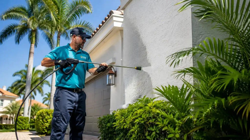 Eco-friendly pressure washing on stucco home exterior in Miami FL