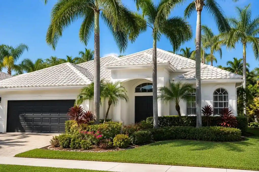 lean stucco home exterior in Miami Florida during dry season with palm trees and blue sky