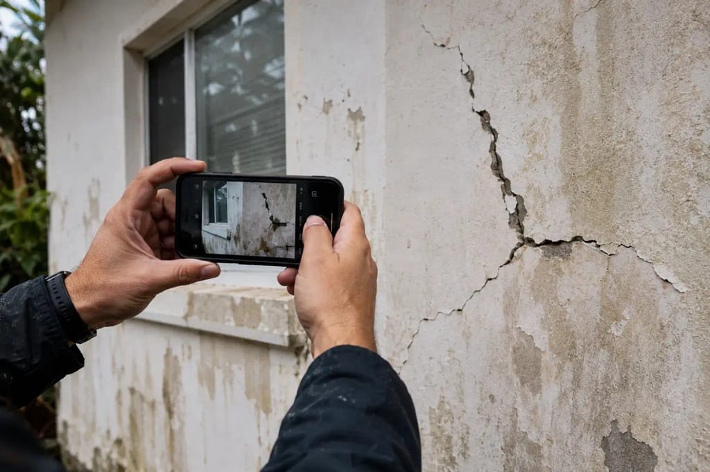 What to Do After a Hurricane in Miami, Florida Before Calling for Cleanup 2 Homeowner photographing storm damage on a cracked stucco exterior wall after a hurricane in Miami