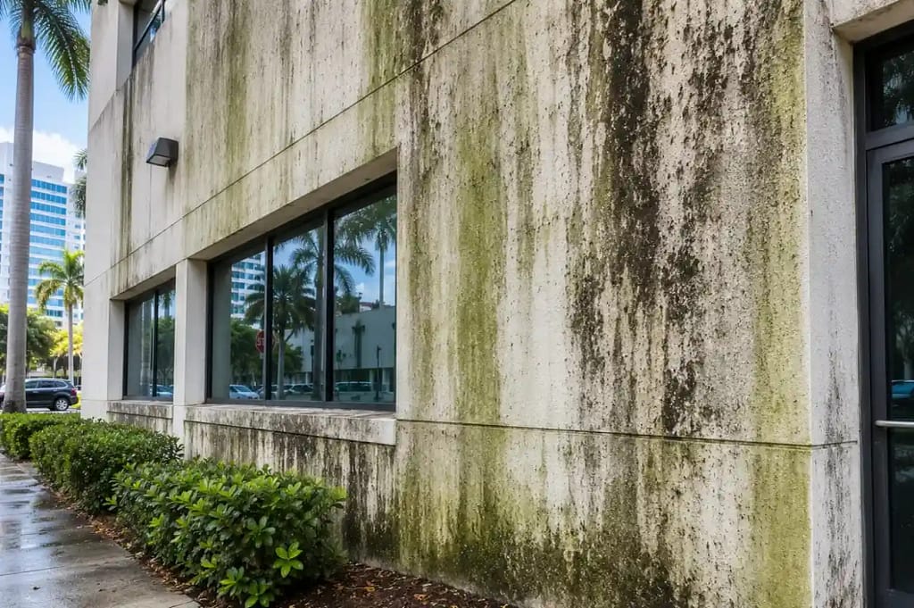 Algae and mold growth on commercial building facade in Miami FL
