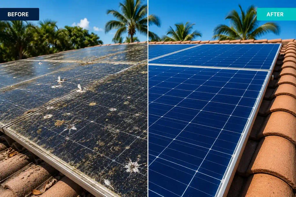 Dirty solar panels with debris versus clean panels in Miami FL