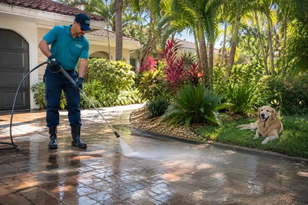 Why Miami Homes and Businesses Should Choose Eco-Friendly Pressure Washing 3 Eco-friendly pressure cleaning near tropical landscaping and pets in Miami FL