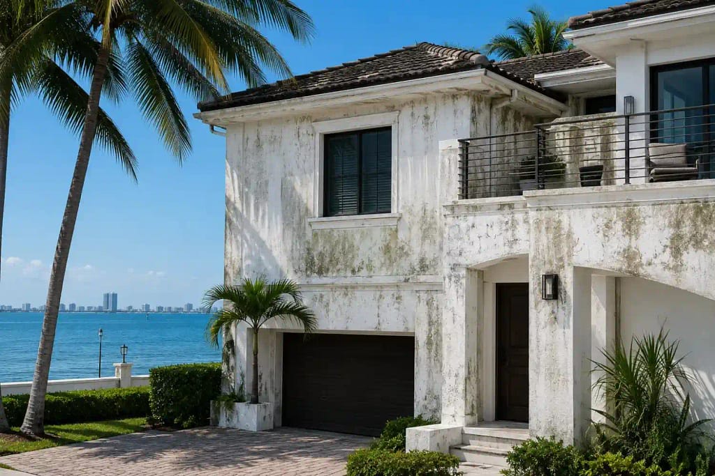 Best Time to Pressure Wash a Home Exterior in Miami, FL 3 Waterfront home in Miami Beach Florida showing salt air weathering and algae staining on stucco exterior walls