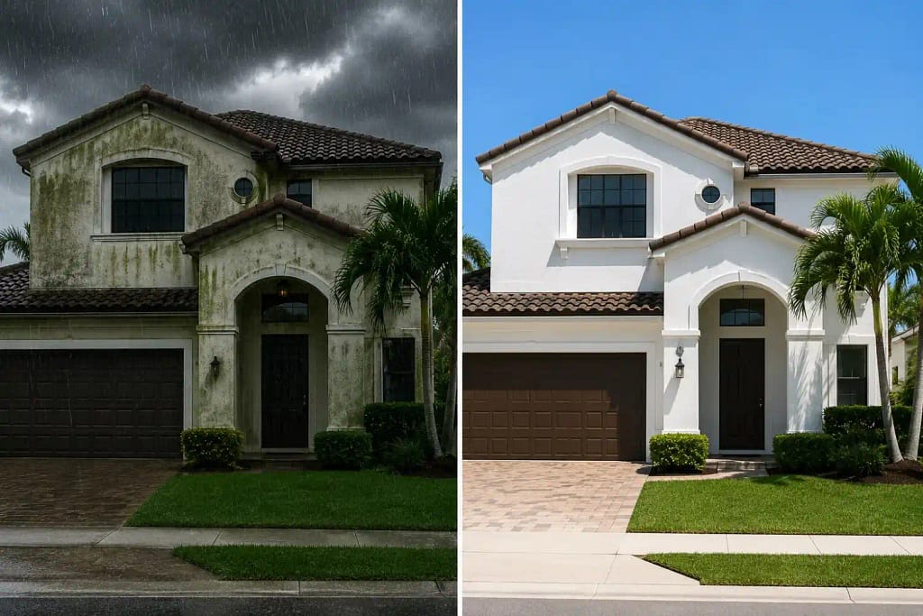 Split image comparing a Miami stucco home exterior during wet season with mold growth versus dry season with clean walls