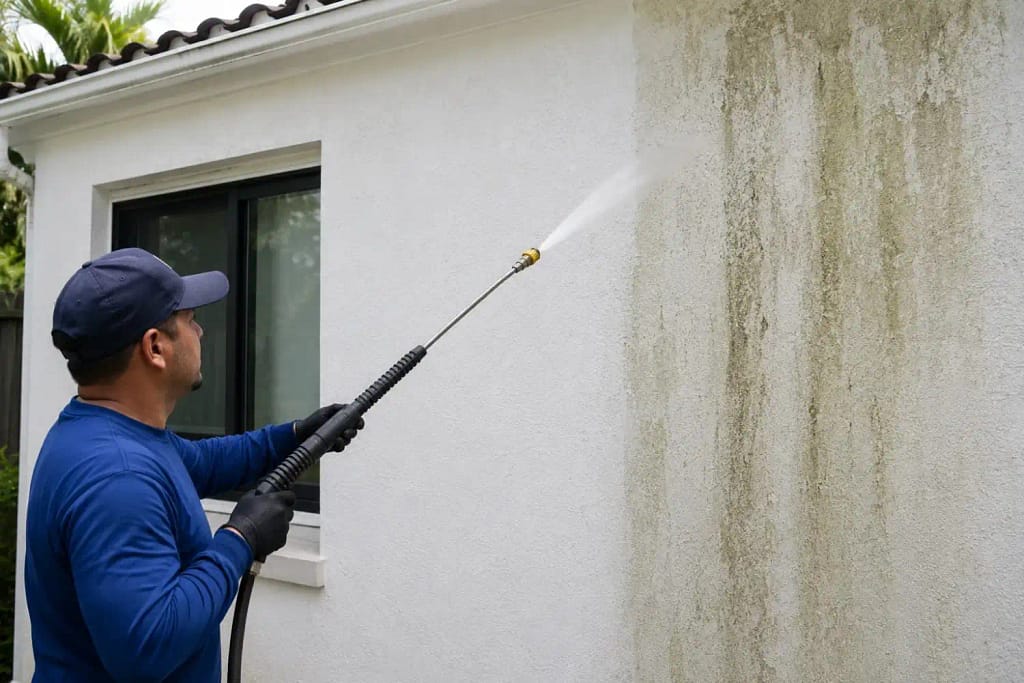 What PSI Is Safe for Washing Stucco Homes in South Florida? 3 Professional soft washing a stucco home exterior in Miami showing clean and dirty sections of the wall