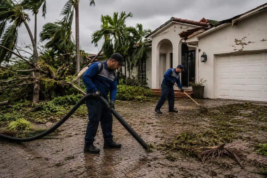 What to Do After a Hurricane in Miami, Florida Before Calling for Cleanup 4 Z Pressure Cleaning technicians removing hurricane debris from a residential property in Miami Florida