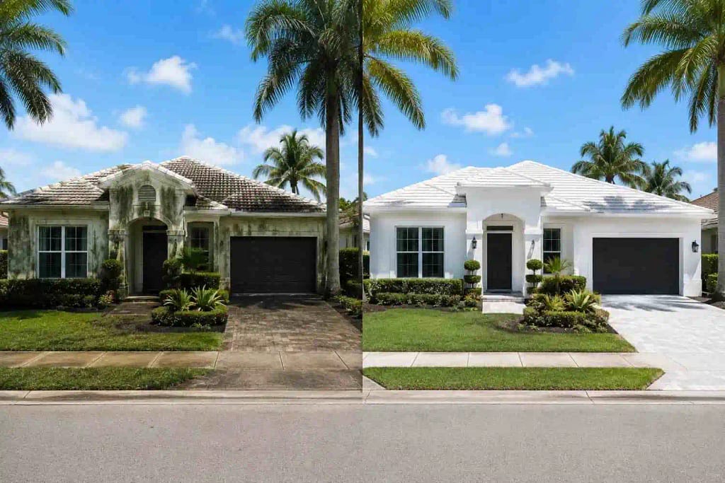 How Pressure Washing Transforms Your Miami Home's Curb Appeal 2 Two Miami FL homes side by side showing dirty exterior versus clean curb appeal