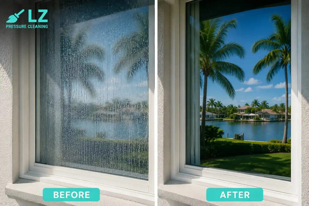Screen Window Cleaning vs. Glass Cleaning: Different Methods for Key Biscayne Homes 3 Before and after of salt film removal from Key Biscayne window glass