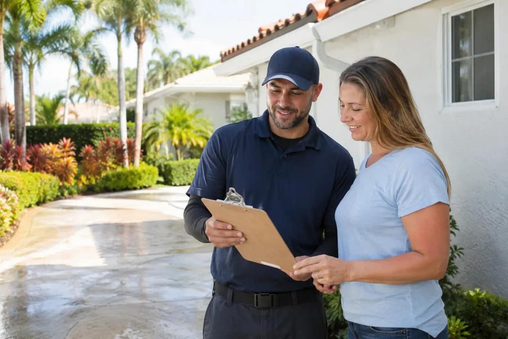 How to Choose the Best Pressure Washing Company in Miami, FL 4 Pressure washing company technician and homeowner reviewing written estimate in Miami FL