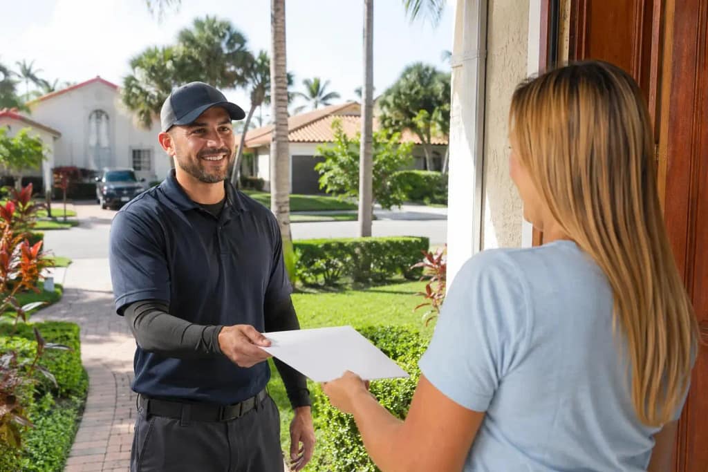 Pressure washing technician providing insurance documents to Miami FL homeowner