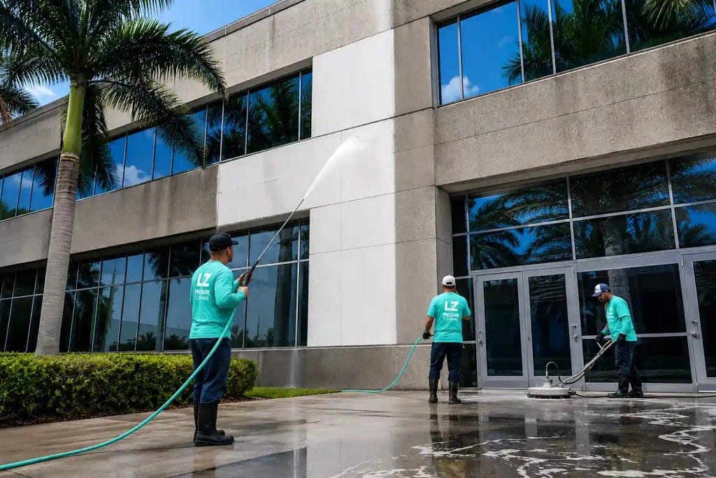 Why Is Mold in a Commercial Building a Liability Issue in South Florida? 4 Professional crew cleaning commercial building exterior and walkways in Miami FL