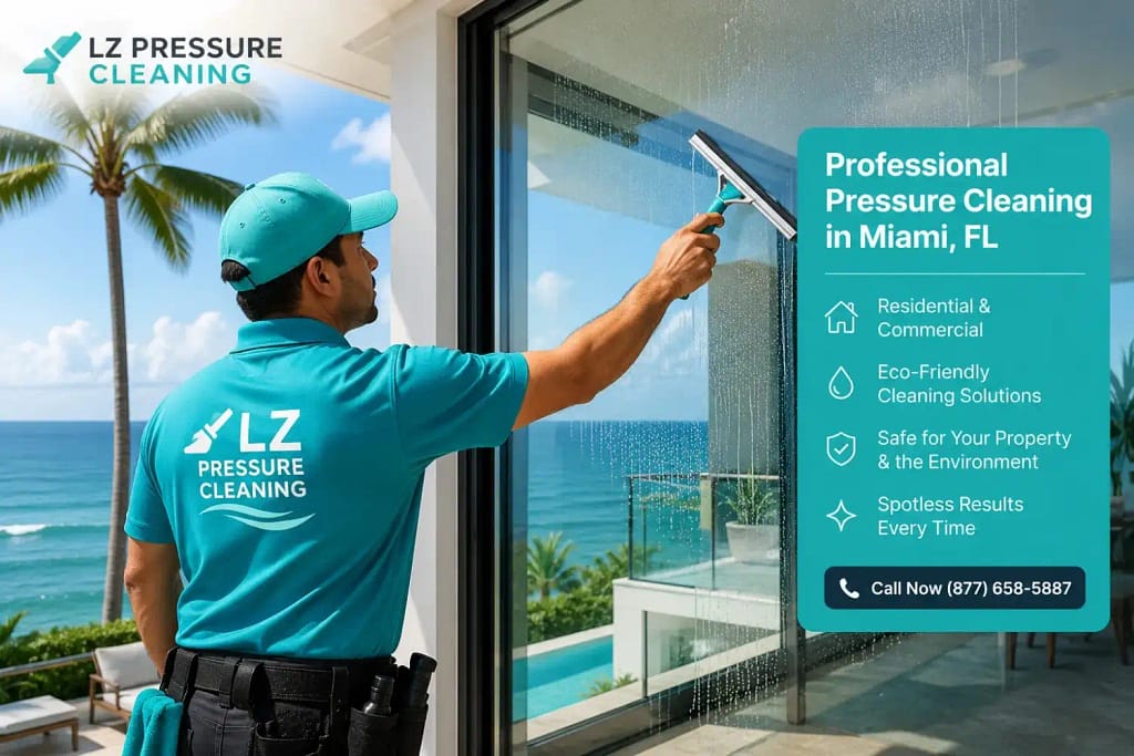 Professional glass cleaning on a Key Biscayne oceanfront home window