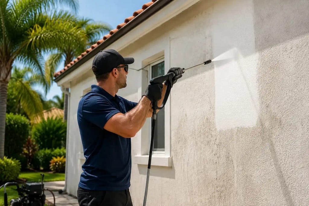 Professional pressure washing stucco home exterior in Miami FL