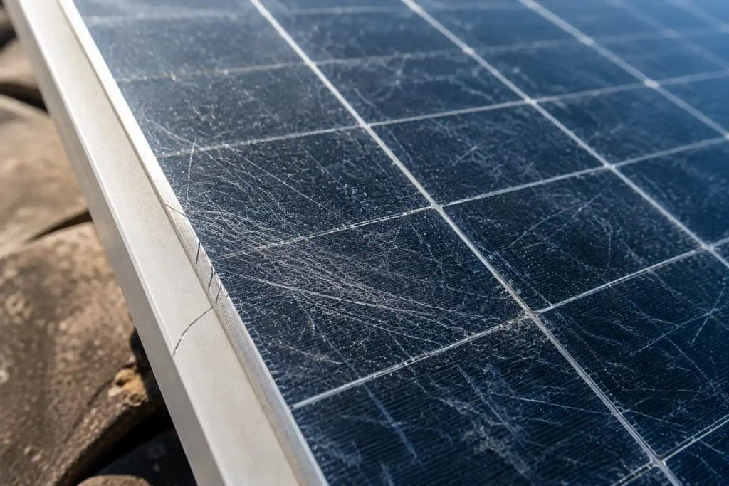 Can Improper Solar Panel Cleaning Void Your Manufacturer's Warranty in Miami? 2 Scratched anti-reflective coating and crack on solar panel from improper cleaning