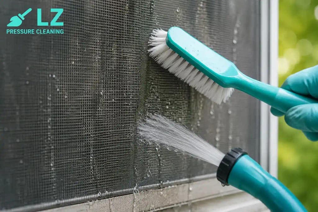 Soft brush cleaning of a window screen to remove salt and dust buildup