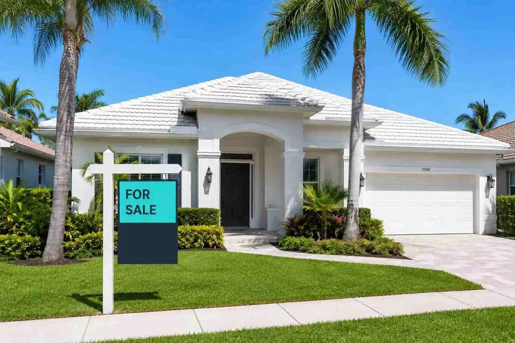 Clean Miami FL home exterior with for sale sign and bright stucco