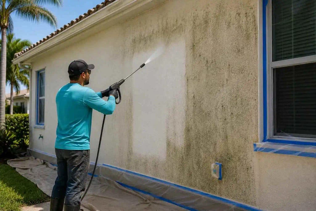 How Pressure Washing Transforms Your Miami Home's Curb Appeal 4 Pressure washing Miami FL stucco home exterior before repainting