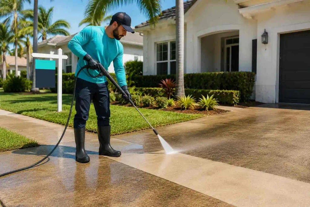 How Pressure Washing Transforms Your Miami Home's Curb Appeal 3 Professional pressure cleaning driveway before home listing in Miami FL