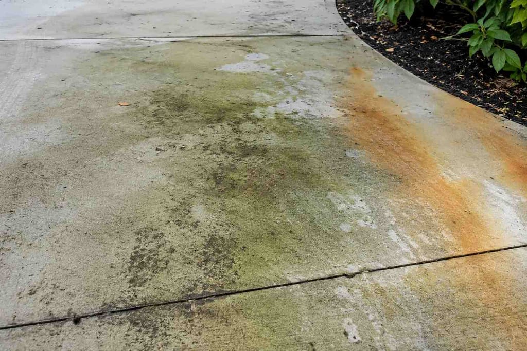 Algae growth and rust staining on concrete driveway surface in Miami FL