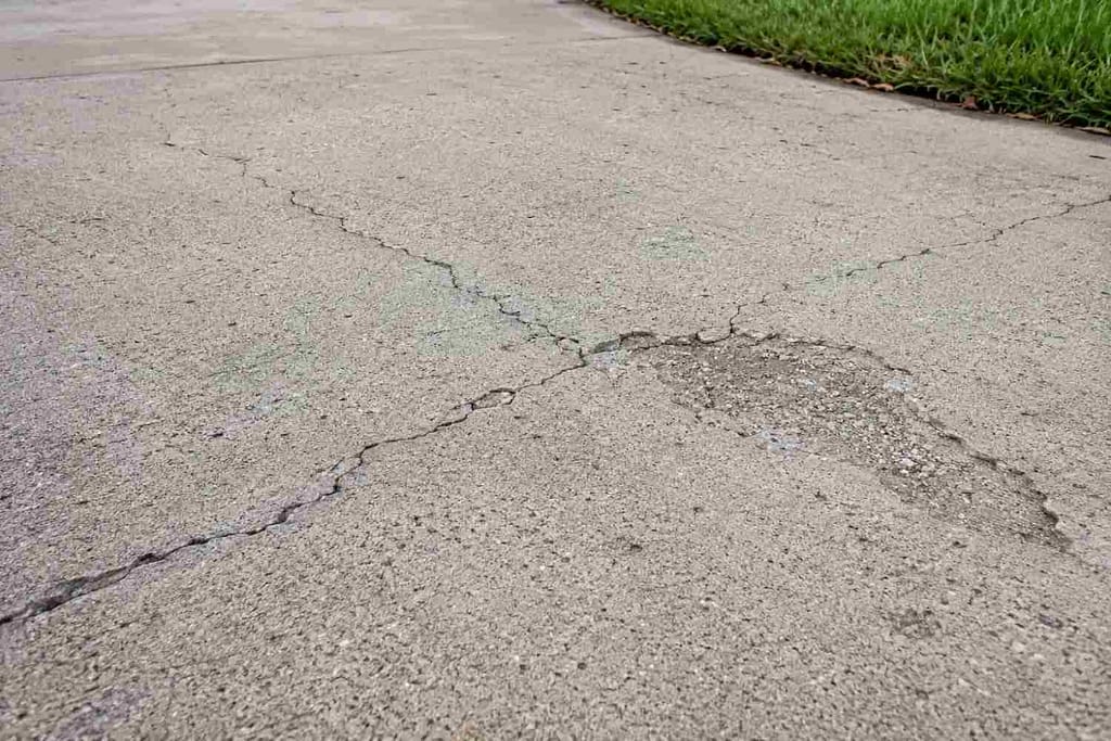 Hairline cracks and surface spalling on concrete driveway in Miami FL
