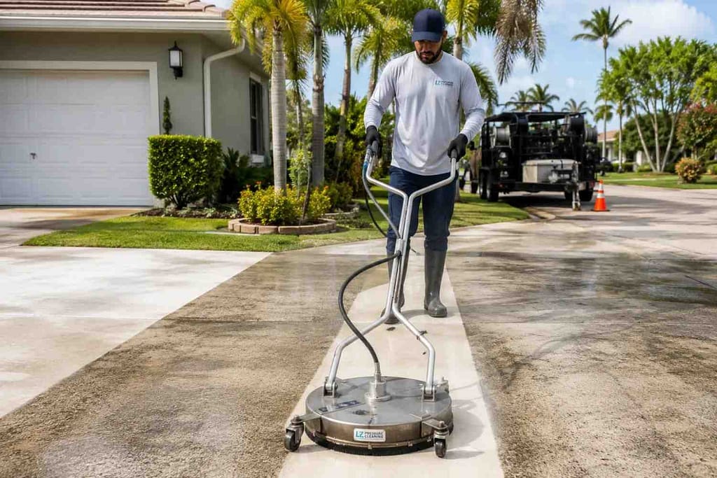 Driveway Maintenance Checklist for Miami Homeowners 4 Professional pressure cleaning residential driveway surface in Miami FL