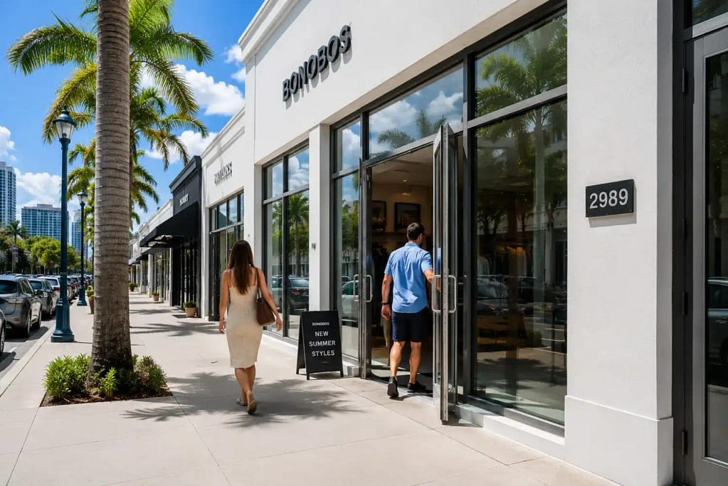 How a Clean Storefront Influences Customer First Impressions in Miami 4 Bright clean commercial storefront with customers entering in Miami FL