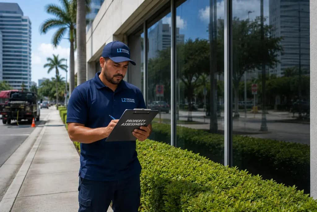 What Factors Affect Commercial Building Cleaning Costs in Miami? 4 Commercial cleaning technician assessing building exterior in Miami FL