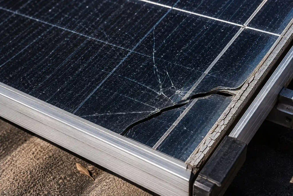 Cracked solar panel glass and damaged seal from pressure washing in Miami FL