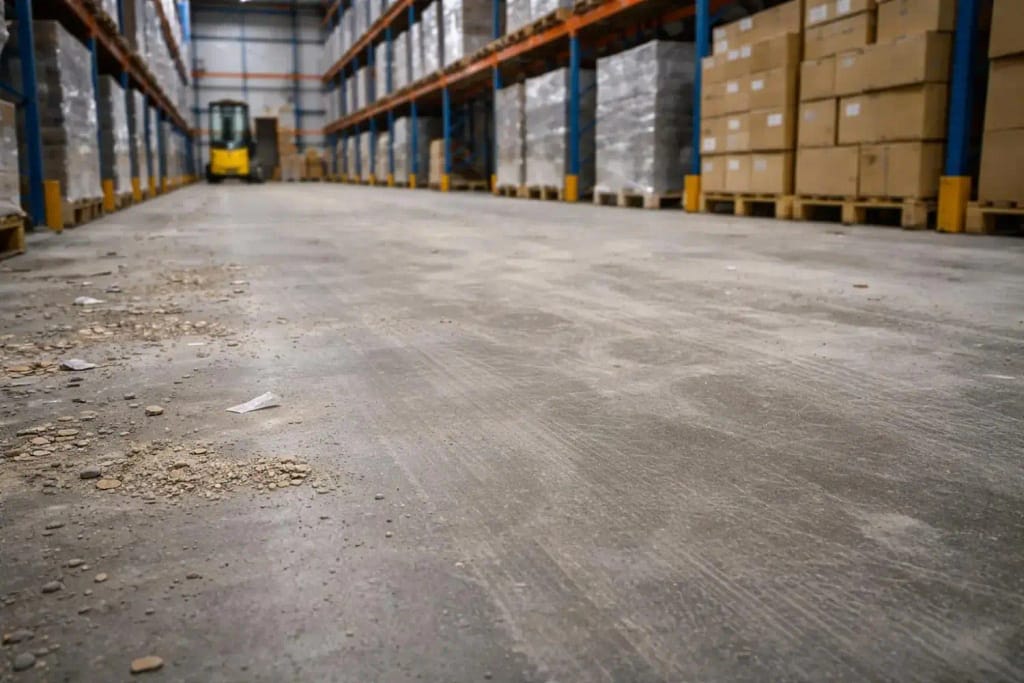 Dust and debris accumulation at base of warehouse racking in Miami FL