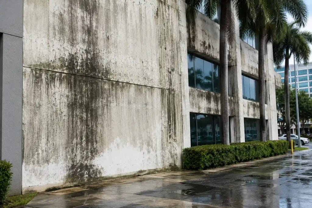What Factors Affect Commercial Building Cleaning Costs in Miami? 3 Heavy algae and mold staining on commercial building facade in Miami FL