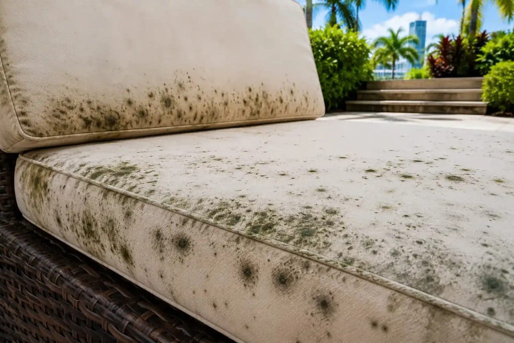 How to Clean Your Garden Furniture in Miami, FL 2 Mold and mildew staining on outdoor patio cushions in Miami FL