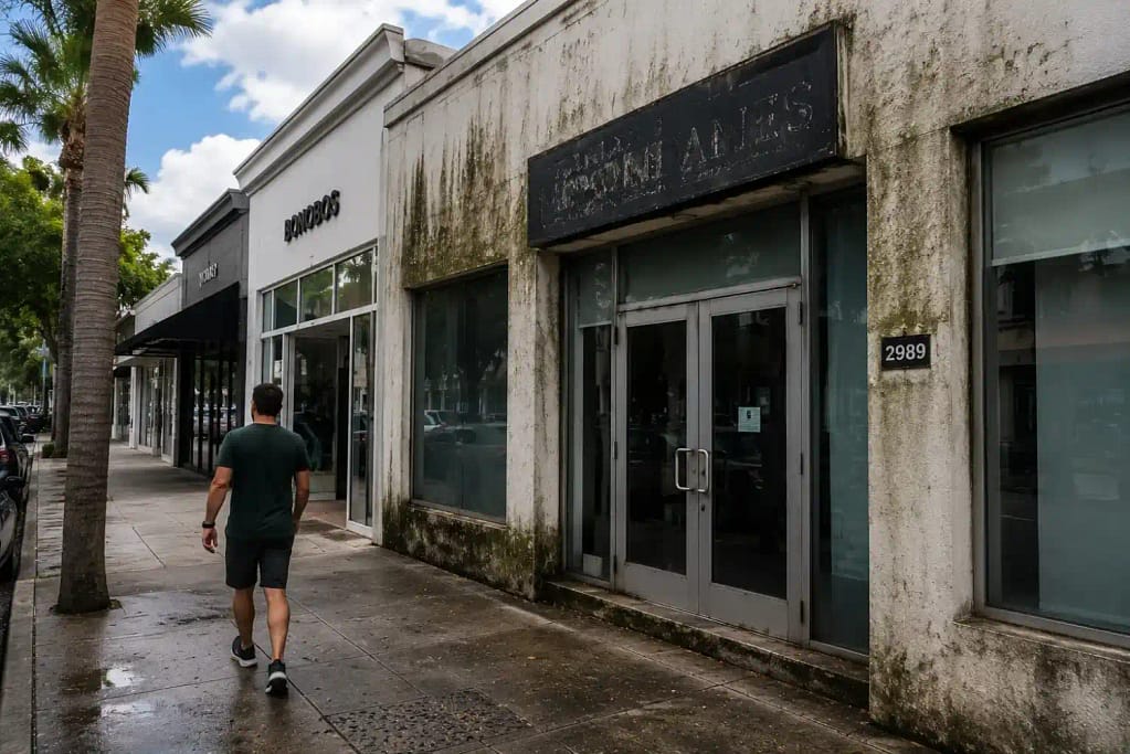 Pedestrian walking past dirty storefront in Miami FL commercial district