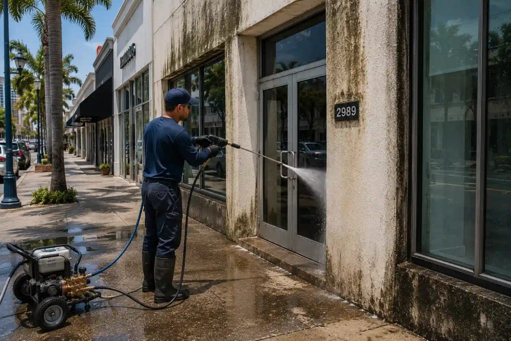 How a Clean Storefront Influences Customer First Impressions in Miami 3 Professional cleaning commercial storefront facade and sidewalk in Miami FL