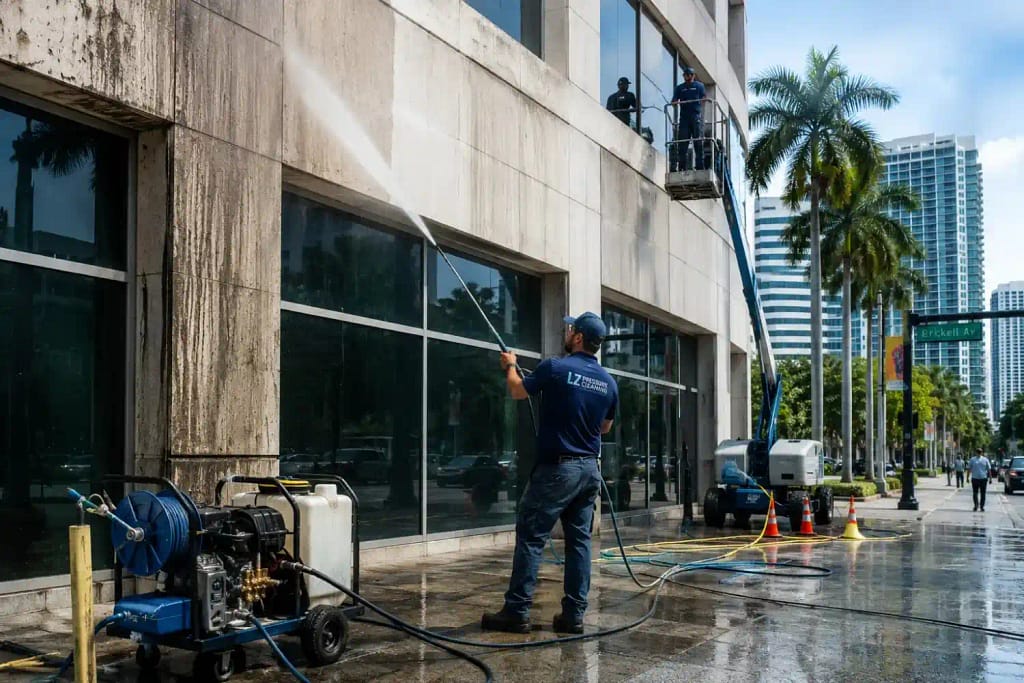 Professional crew cleaning commercial office building exterior in Miami FL