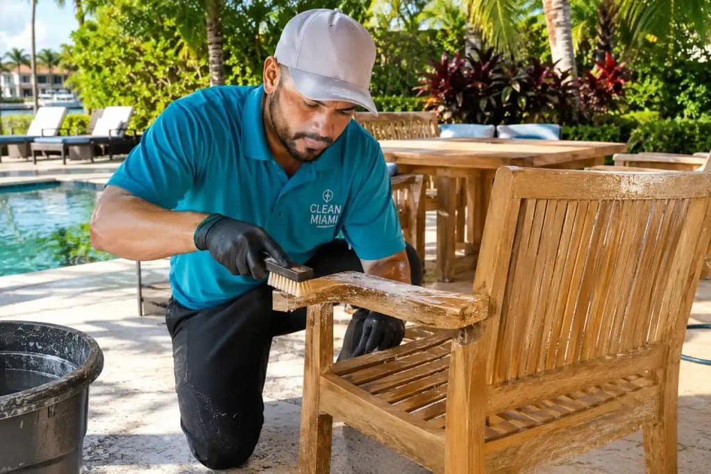 How to Clean Your Garden Furniture in Miami, FL 4 Professional technician cleaning teak outdoor furniture on Miami FL patio