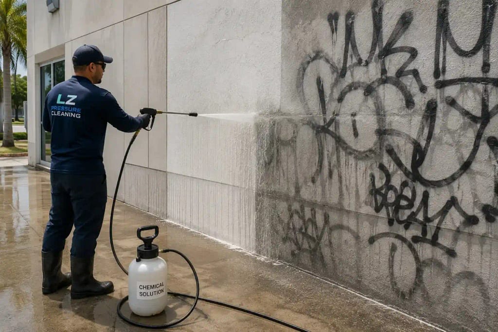 How Graffiti Affects Commercial Property Value in Miami 4 Professional technician removing graffiti from commercial building in Miami FL
