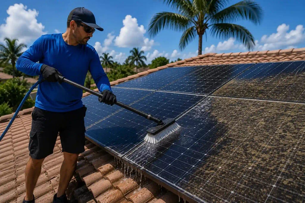 Common Mistakes to Avoid When Cleaning Solar Panels in Miami, FL 3 Professional using soft brush to safely clean solar panels on Miami FL roof