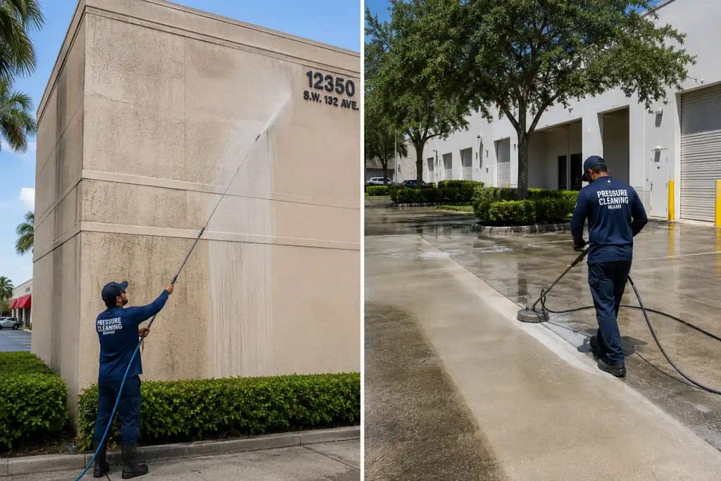 What Factors Affect Commercial Building Cleaning Costs in Miami? 2 Soft washing commercial facade versus pressure washing concrete in Miami FL