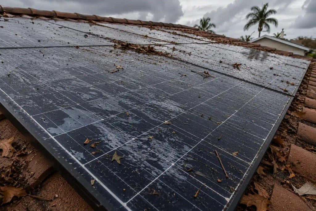 Common Mistakes to Avoid When Cleaning Solar Panels in Miami, FL 4 Solar panels covered in storm debris and roof granules after hurricane in Miami FL