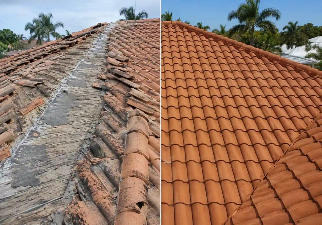 What Is Soft Washing and Why Miami Roofs Need It 2 Side by side comparison of roof damage from pressure washing versus clean result from soft washing in Miami